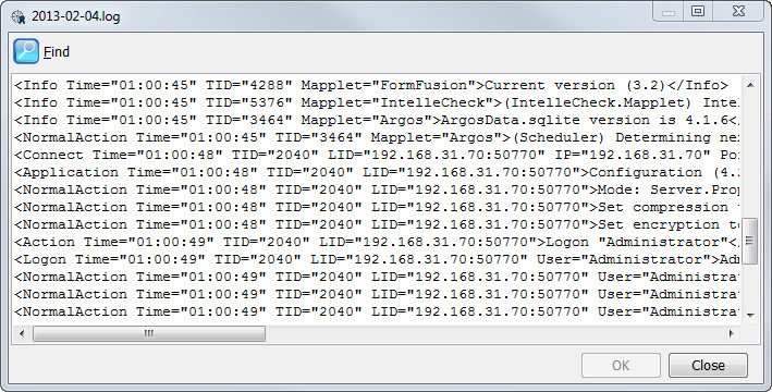 Log entries in the plain text viewer display all types of entries intermixed, and are not formatted for easy viewing.